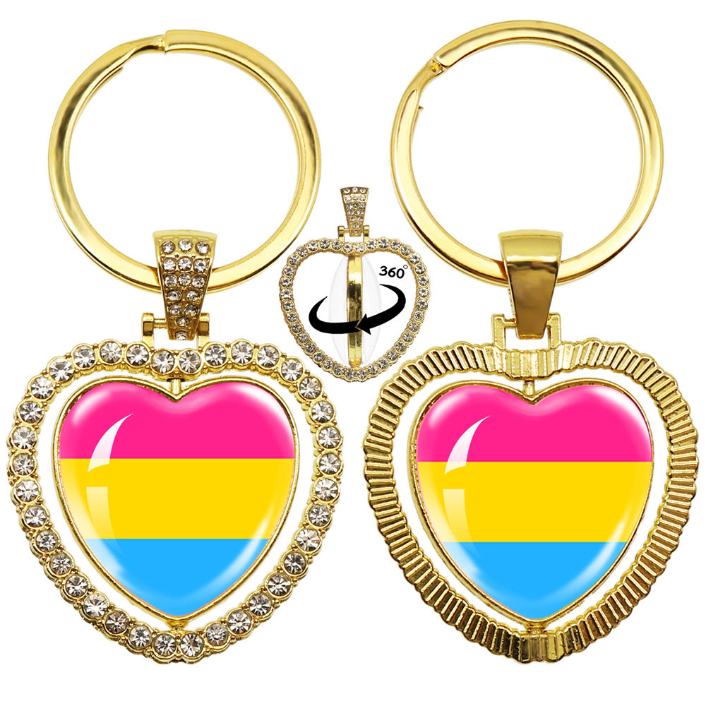 Wholesale LGBT Rainbow Rhinestone Heart Shaped 360 Degree Rotating Double Sided Metal Keychain